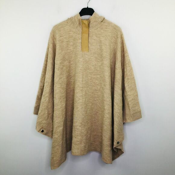 Escada Sport Large Poncho Sweater Beige Hooded 1/4 Zip Snap Sleeve Virgin Wool